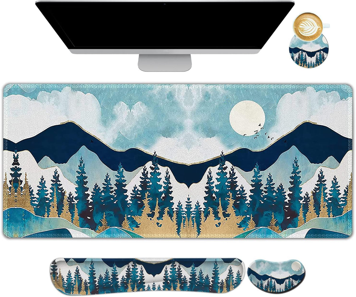 Large Gaming Mouse Pad Set, Keyboard Wrist Rest Support + Mouse Wrist Cushion + Extended Mousepad + Coaster, 35X15.5In Multifunctional Desk Mat, Abstract Mountain