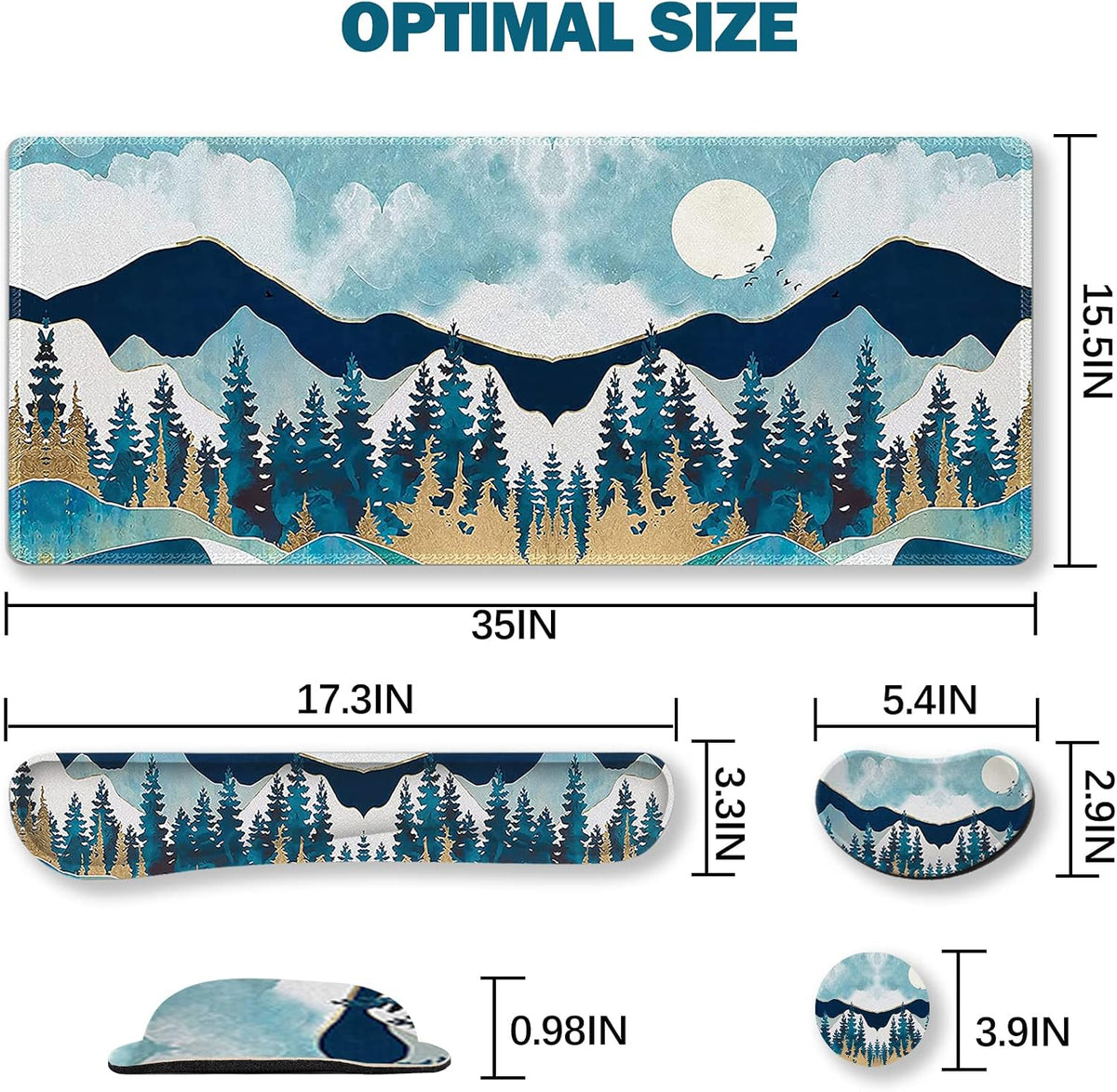 Large Gaming Mouse Pad Set, Keyboard Wrist Rest Support + Mouse Wrist Cushion + Extended Mousepad + Coaster, 35X15.5In Multifunctional Desk Mat, Abstract Mountain