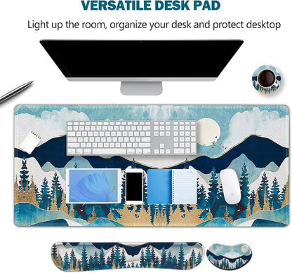 Large Gaming Mouse Pad Set, Keyboard Wrist Rest Support + Mouse Wrist Cushion + Extended Mousepad + Coaster, 35X15.5In Multifunctional Desk Mat, Abstract Mountain